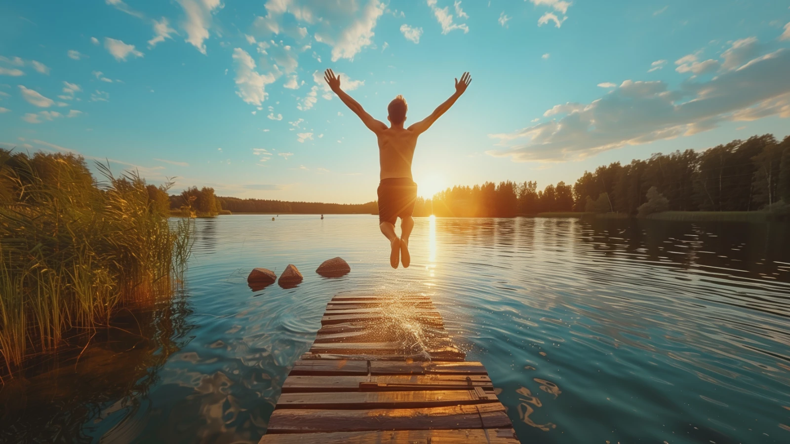 person jumping into a body of water at sunset