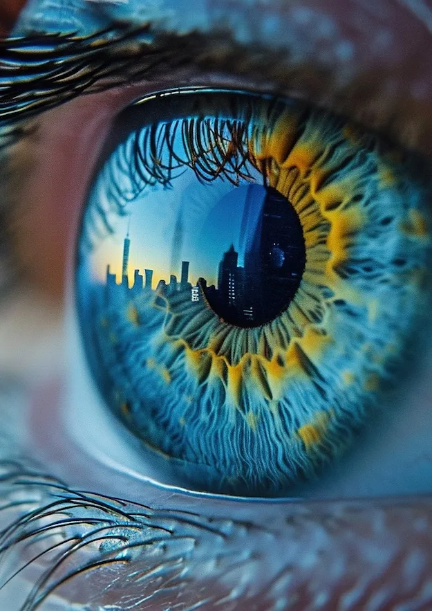 close up eye with skyline in reflection