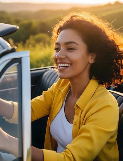 healthy young woman driving on a roadtrip