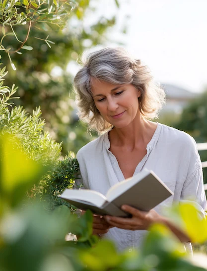 mature woman reading outdoors