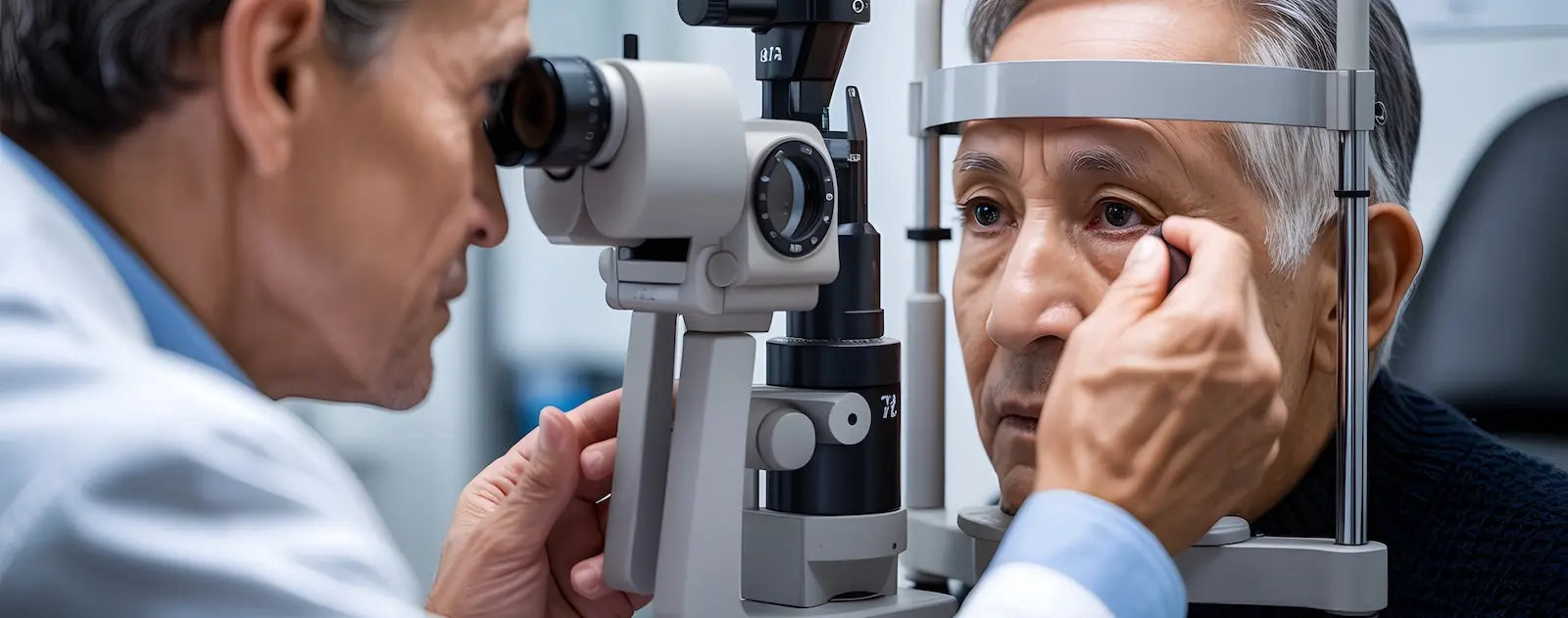 Professional eye exam, doctor and senior patient using ophthalmic equipment, vision check